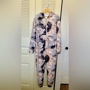 One piece pajama romper, gray toned tie dye